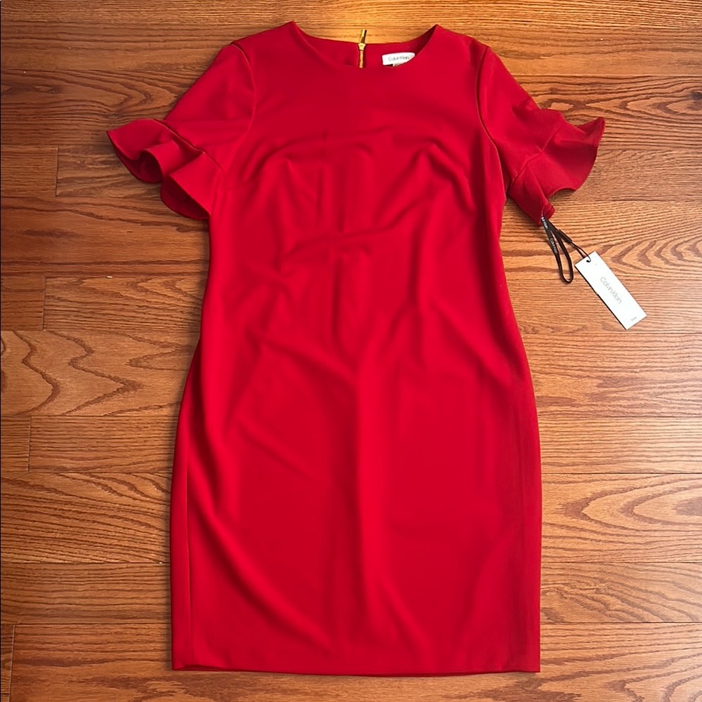 Calvin Klein Red Sheath Dress with Flutter Sleeves